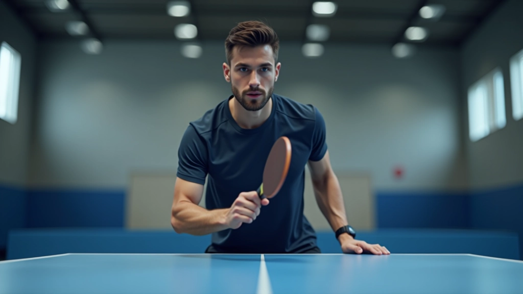 لاعب تنس طاولة في وضعية استعداد صحيحة مع قدمين متباعدتين